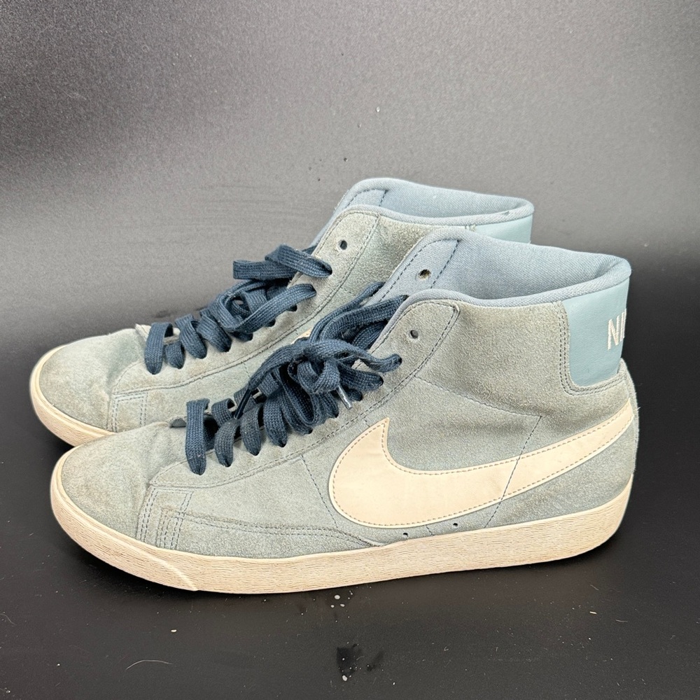 Nike Mid-Top Suede Sneakers in Light Blue with Cream Swoosh
